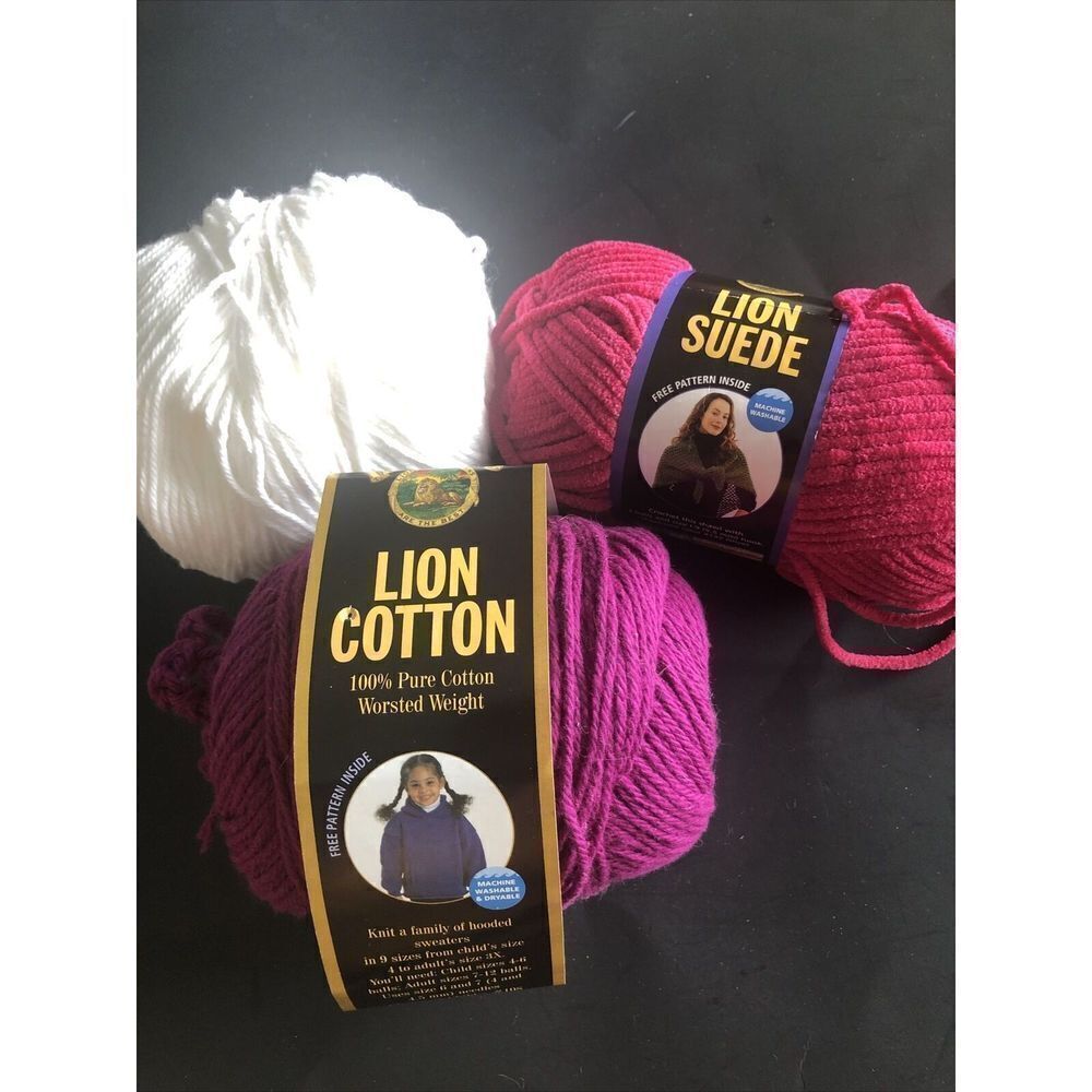 Lion BrandYarn, Lot Of 3 New No Tag Orchid Cotton,white cotton & Rose SuedePolye